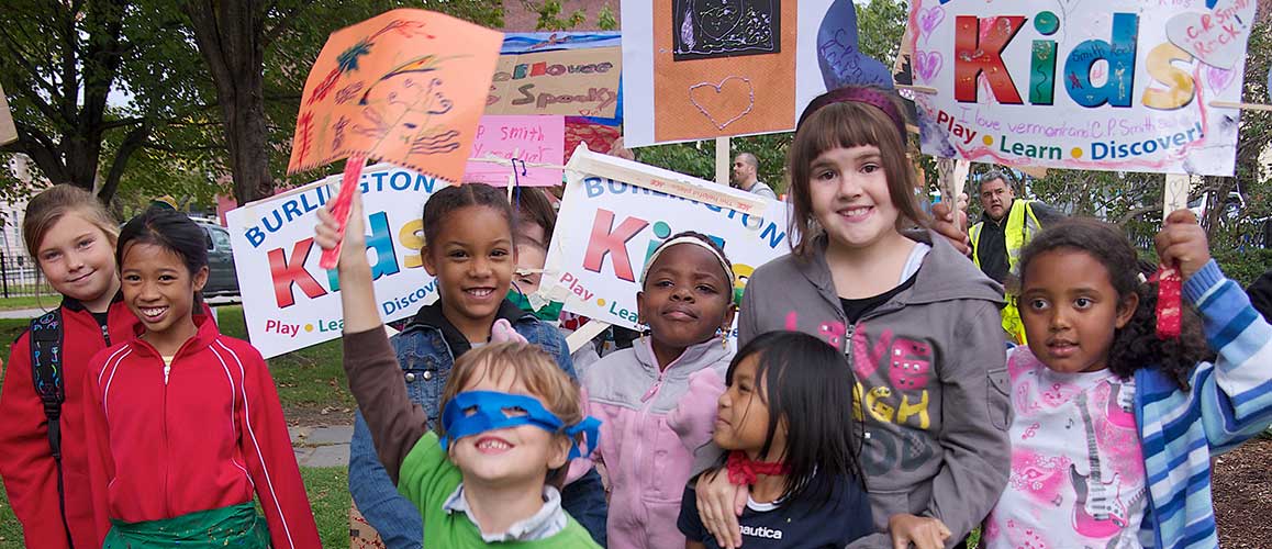 A diverse group of kid's enjoy an event in Burlington Vermont